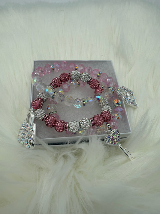 Key and Lock Pink stackable bracelet set